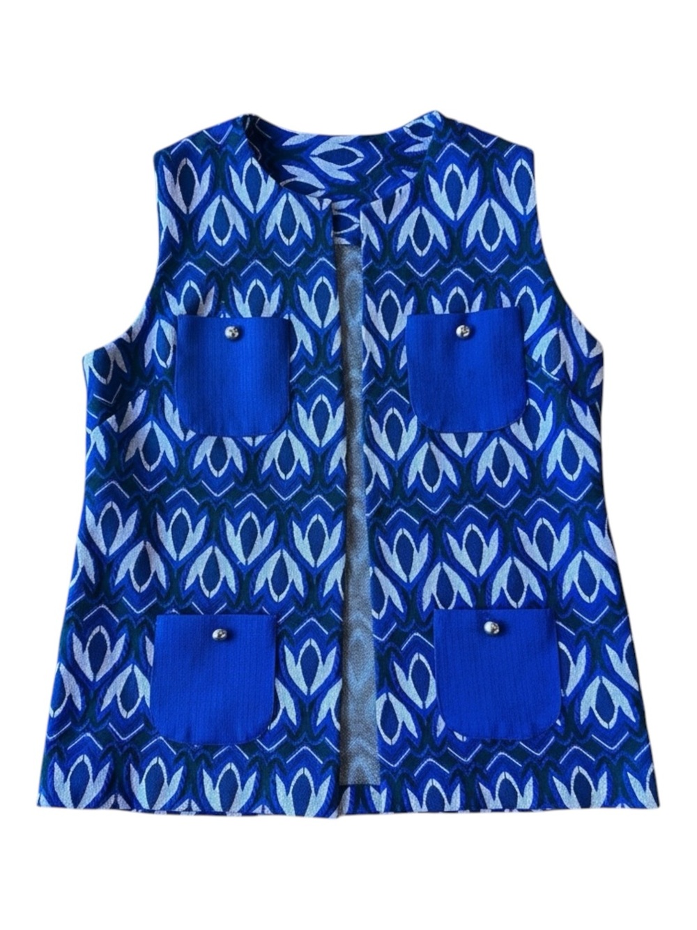Vintage 60s/70s Mod Blue & White Geometric Vest | Silver Buttons | Size M/L